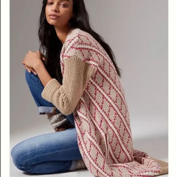 ANTHROPOLOGIE S PATRICE GEOMETRIC CARDIGAN pink and cream knit duster - Picture 1 of 10